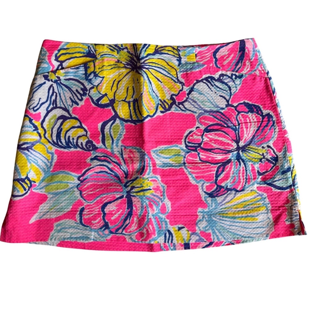 Lilly Pulitzer Pink Floral Seashell Seersucker Mini Skirt Size 14 Resort Wear